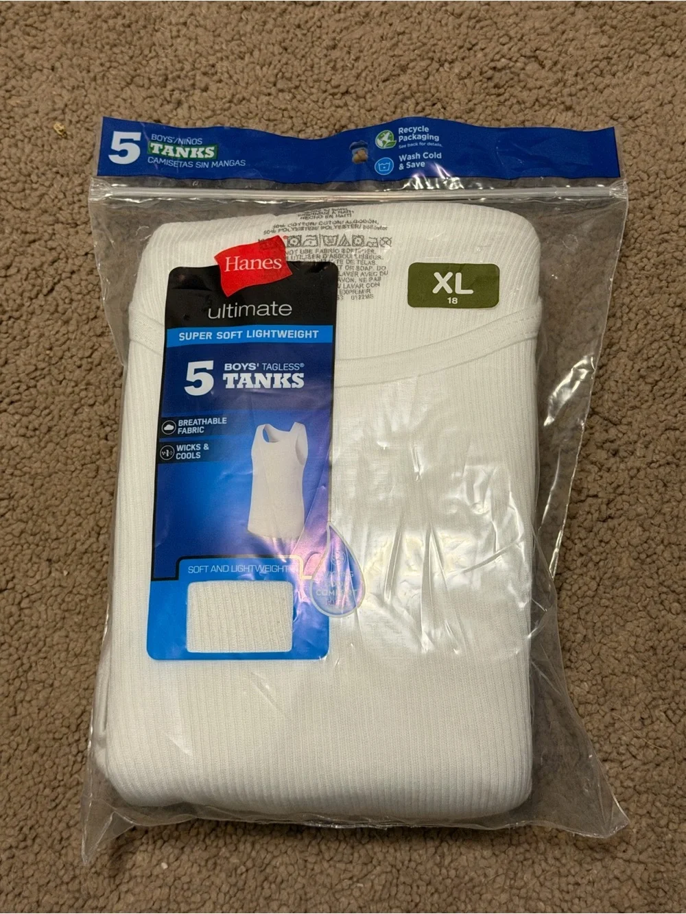 Hanes White Boys' Tank Tops 5-Pack XL Ultimate Super Soft
